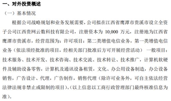云端网络拟投资设立全资子公司 注册资本为1亿元